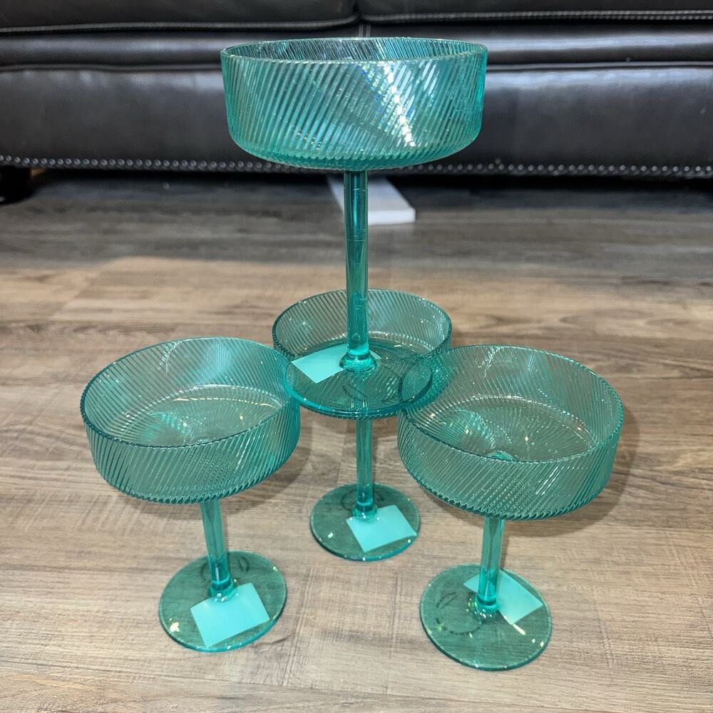 Hobby Lobby Spring Shop Teal Coupe Glasses 10.5 oz Set of 4 Ribbed Stemware
